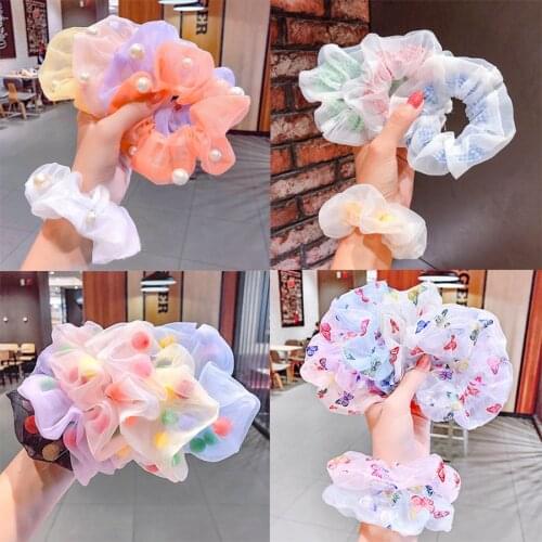 2020 Women Mesh Scrunchie Butterfly Elastic Lace Hair Bands Tie Girls Transparent Tulle Headwear Hair Accessories Wholesale