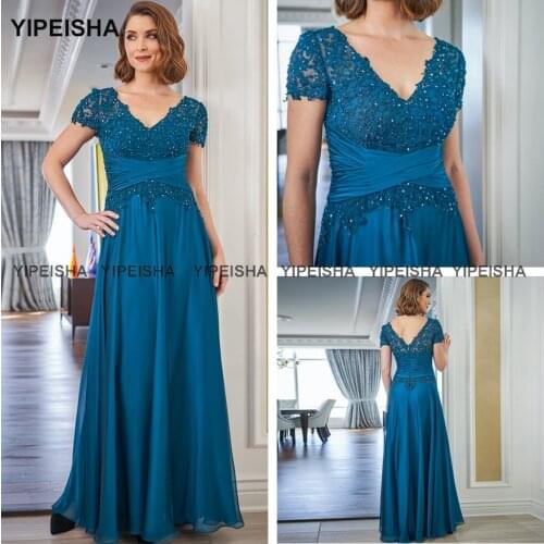 Yipeisha V-neck Chiffon Mother of Bride Dress Short Sleeves Evening Party Dress Long Wedding Guest Gown Plus Size Robe de Soiree