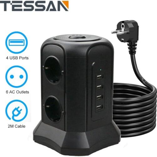TESSAN Black Tower Power Strip Vertical overload protection with 6 AC Outlets 4 USB Ports 2M Extension Cord for Smartphone, Mp3