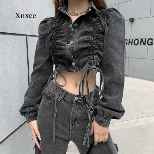 Spring Drawstring Pleated Jeans Button Puff Sleeve Jacket Women Autumn Active Street Style Fashion Sexy Denim Mujer Jacket Tops