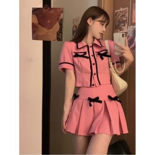 Skirt Short-sleeved Shirt Tops Womens Summer New Style Korean Style High-waisted Slim All-match Pleated Skirt Fashion Suit