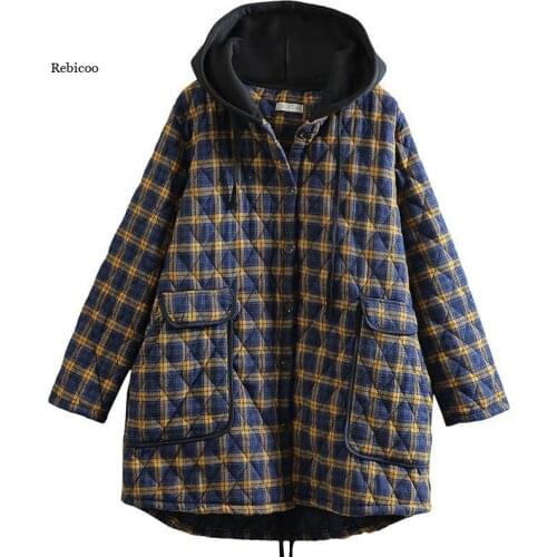 Women Hooded Plaid Parkas Vintage Button Coats Loose Autumn Winter New Pockets Female Casual Warm Parkas Coats