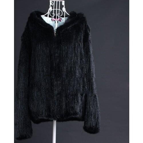 Lady Real Knitted Mink Fur Jacket Coat Autumn Winter Hooded Women Fur Outerwear Coats Female Plus Size Garment 4XL 5XL 6XL 1022