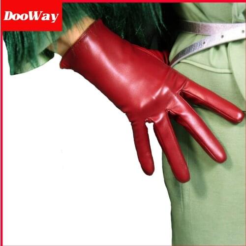 DooWay Women Wrist Short Leather Gloves Faux Sheepskin PU 8-inch Burgendy Stretchy Women Party Costume Finger Gloves
