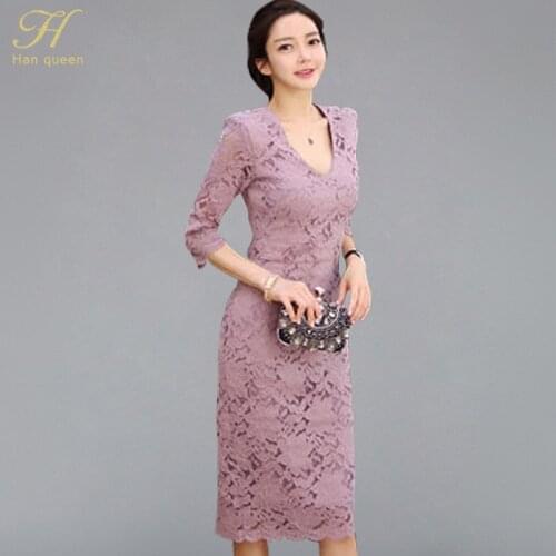 H Han Queen Autumn Dress Women 2018 Sexy Lace Hollow Out Patchwork Pencil Dresses Elegant Sheath Bodycon Cocktail Slim Vestidos