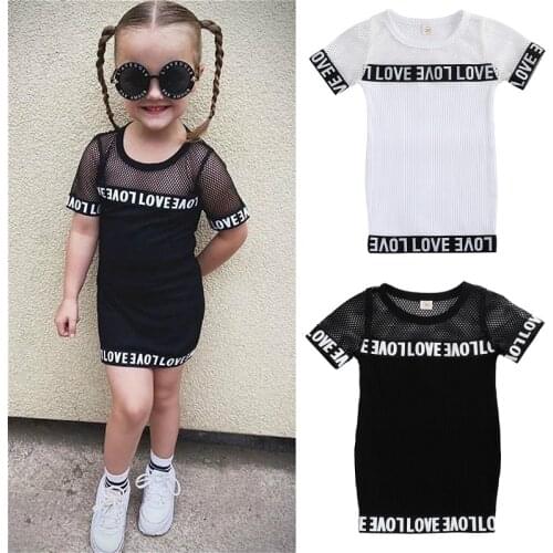 Kids Baby Girls Dress 2021 Summer Children Short Sleeve Mesh Letter Print Short Dress Fashion Casual Kids Clothes Outfits 1-6Y