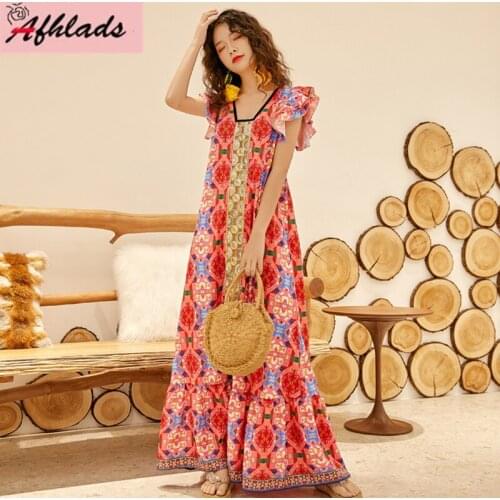 High Quality Women Dress Female Bohemian Holiday Short Sleeve Beach Printed embroidery sequin Vintage Ankle-Length Dress
