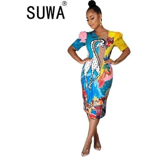 Colotful new fashion cartoon chic dresses for women o neck high waist short sleeve bodycon knee length dress elegant work dress