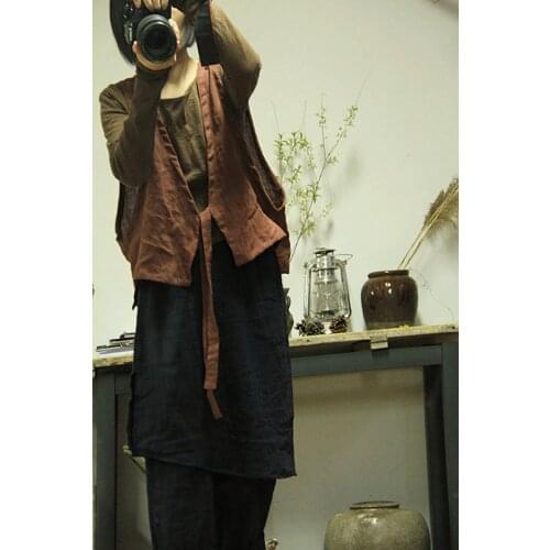 Women Cotton Linen Vests Ladies Vintage Solid Color Short Belt Vests Waistcoat Female Sleeveless Tops 2020 Summer