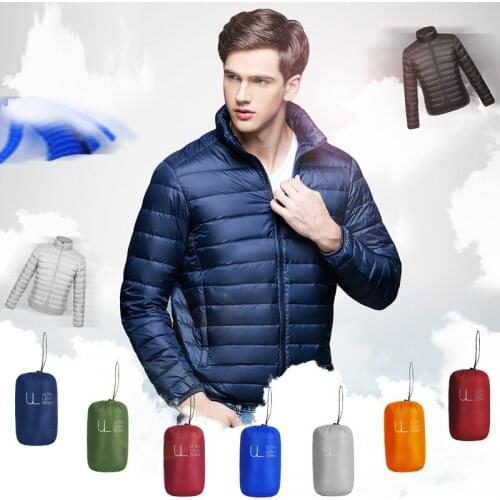 Winter mens down jacket 2019 winter Casual mens Thin light White duck down coat male slim Solid color zip Stand collar outwear