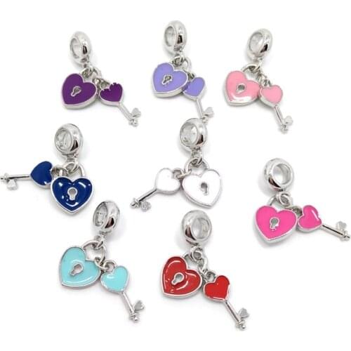 Free shipping New 20pcs mix Colors Key and Lock Pendant Large Hole Beads fit European Charms Bracelet DIY
