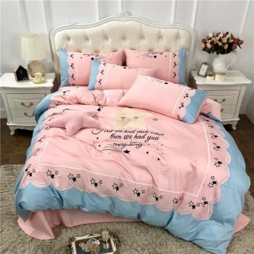 Light Blue 60S Egyptian Cotton Luxury Gold Royal Embroidery Exotic Bedding Set Duvet Cover Bed Sheet Bed Linen Pillowcases 4pcs