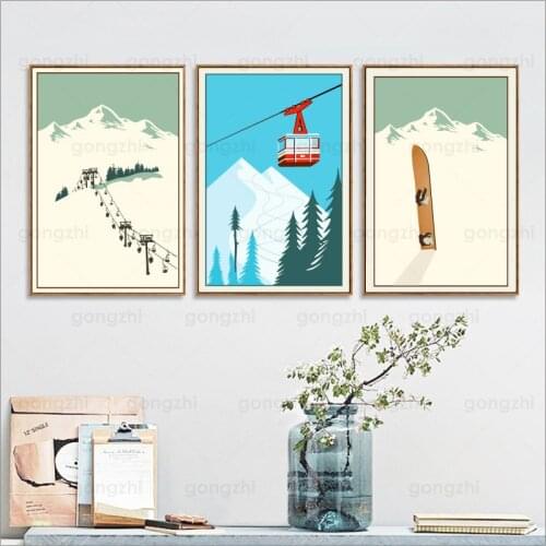 Abstract Retro Art Poster Winter Sports Ski Lift Vintage Canvas Painting Snow Mountain Travel Landscape Prints Home Decoration