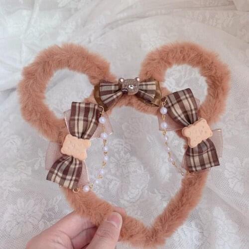 Hair accessories LOLITA Lovely bear headband lolita girl soft sister plaid bowknot plush bear ear headband