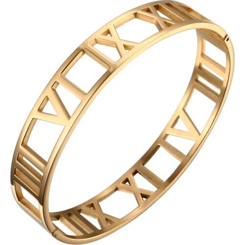 Stainless Steel Bangles&Bracelets Cuff Bracelet For Women Man Gold Plating 12MM Roman Numerals Wristband Male Jewelry Gift