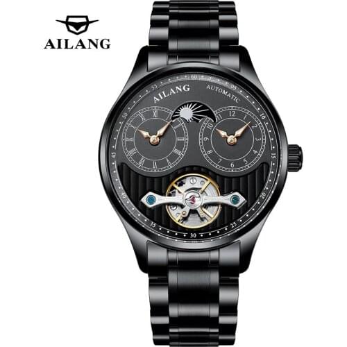 AILANG Automatic Mechanical Mens Watch Stainless Steel Tourbillon Black Dial Luminous Luxury Sports Waterproof Business Watch