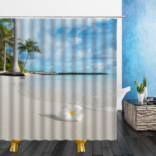 Sea Wave Shower Curtains Summer Hawaii Ocean Beach Scenery Bathroom Decor Home Bathtub Waterproof Polyester Cloth Curtain Set