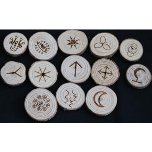 E56D 13Pcs Natural Wooden Runes Wood Chakras Mysticism Supplies for Divination Rune Kit Round Altar Occultism Props Pendant