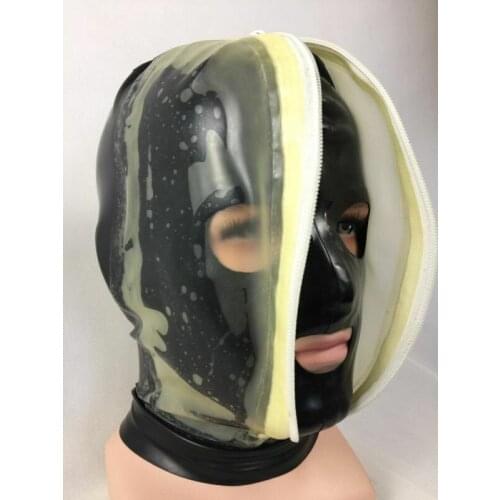 Fetish Latex Hood Rubber Transparent Black Double Layer Fetish Zip Headgear Party sex bondage bondage toys bdsm restraint