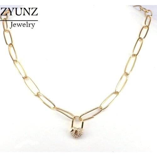 3PCS, Crystal Gold Color Fashion CZ Micro Paved Lock Pendant Punk Chain Necklace For Women Jewelry