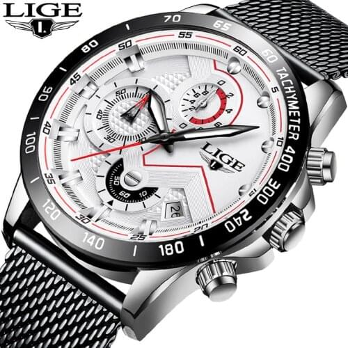 LIGE Fashion White Dial Men Watch Stainless Steel Waterproof Analog Quartz Watches Military Sport Chronograph Clock Reloj Hombre