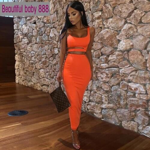 Meqeiss 2021 summer club party night skirts 2two pieces sets women neon bodycon midi skirts hollow camis office lady suit mujer