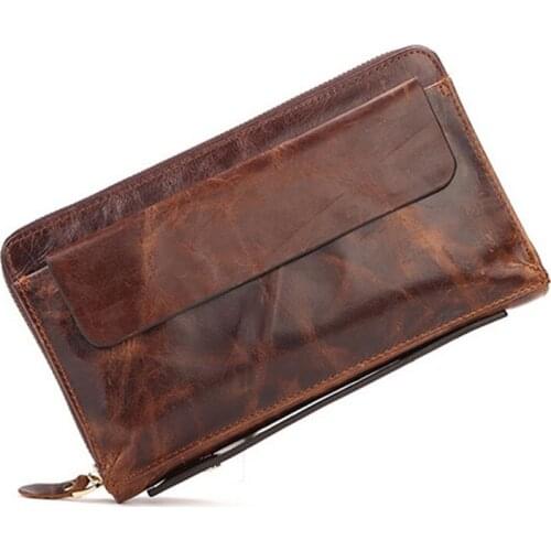 Men Genuine Leather Purse Vintage Designer Oil Wax Cowhide Clutch Money Bag Coin Pocket ID/Credit Card Luxury Long Wallet