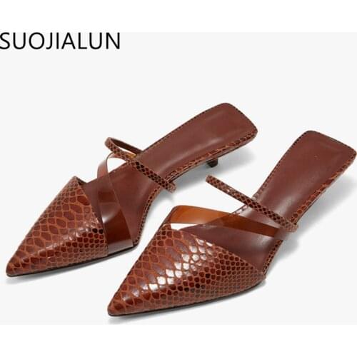 SUOJIALUN New Fashion Brand Low Heel Slippers Women Slip On Pointed Toe Thin Heel Slides Outdoor Casual Mules Ladies Dress Shoes