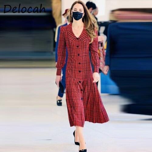 Delocah New 2021 Summer Women Fashion Designer Party A-Line Dress Lantern Sleeve Single Breasted Plaid Printed Dresses Vestidos