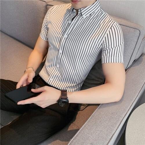 Korean Summer Striped Men Dress Shirts Short Sleeve Simple All Match Slim Fit Non-Iron Casual Business Formal Wear Blouse Homme