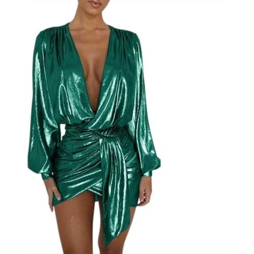 Sexy Sheath V-Neck Asymmetrical Solid Long Sleeves Mini Party Dress Women Fashion Night Club Flare Sleeve Short Dance Dress