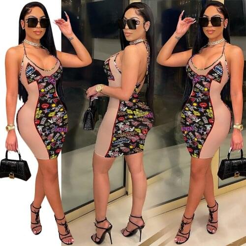 Sexy Mesh Printed Suspender Dress Sling Lace Curved Fashion Woman Dresses Drop Shipping