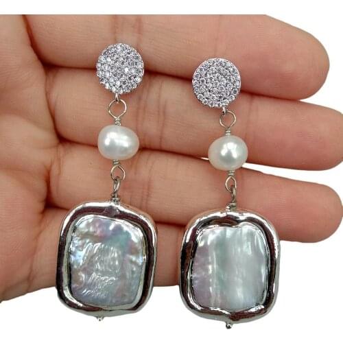 Y·YING Cultured White Pearl Rectangle Shape Keshi Pearl White Gold Plated Edge Dangle Stud Earrings