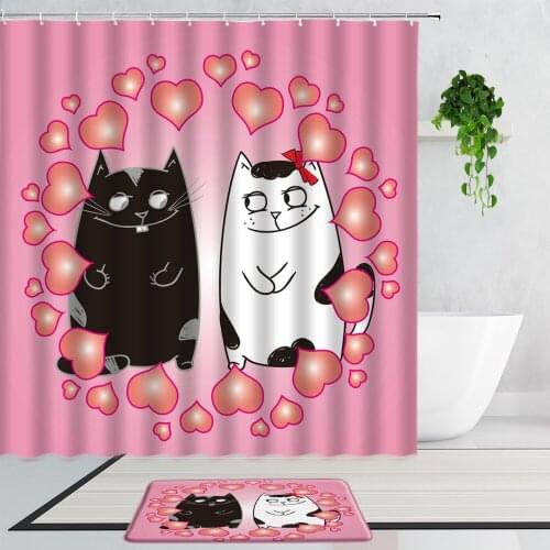 Cute Cartoon Couple Black And White Cat Shower Curtains Romantic Holiday Gift Bathroom Decor Curtain Non-Slip Bath Mats Carpet