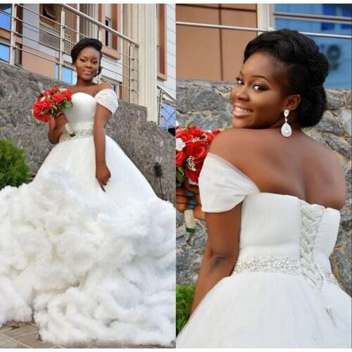 African Sweety Bridal Gowns Off Shoulder Tiered Ruffle White With Cloud Shape Peplum Floor Length Custom Made Wedding Dresses