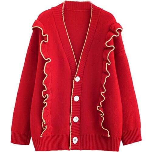 Spring Knit Cardigan Sweater Long Sleeve Ruffle Oversized Coat Women Red Beige Grey Yellow Korean Sweaters Tops Ladies Outerwear