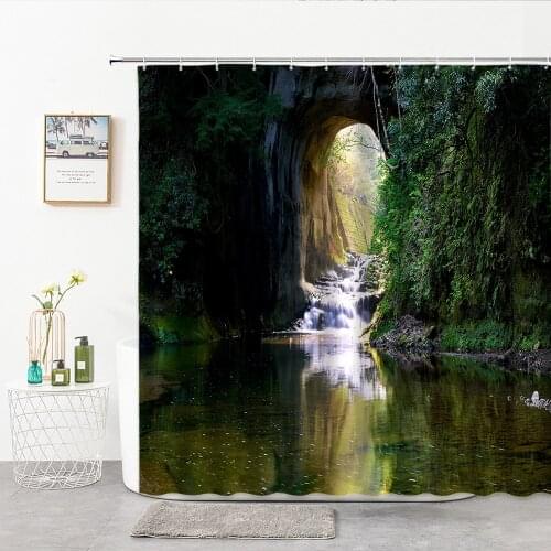 Cave River Natural Scenery Shower Curtains Fabric Water Flow Landscape Bathroom Curtain Home Decor Background Wall Hanging Cloth