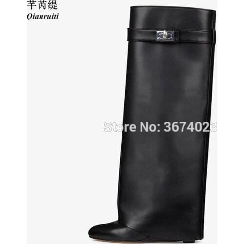 Qianruiti Shark Lock Women Wedge Boots Botines Mujer Knee High Heel Boots Fold Over Height Increasing Motorcycle Booties