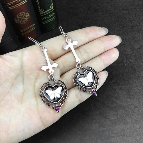 Goth Punk Butterfly Earrings For Women Cross Heart Antique Silver Color Dripping White Vintage Earring Wholesale Jewelry VGE004