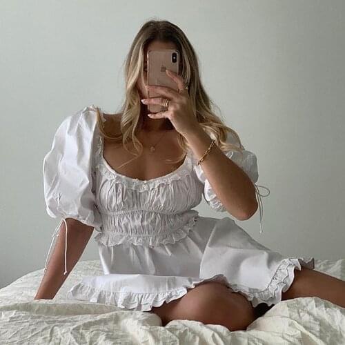 Women Princess Dress Lolita Style Ruffled White Cute Kawaii Puff Sleeve Fairy Party MIni Dress Short Sleeve High Waist Dress