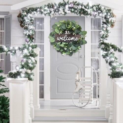 Welcome Sign With Artificial Wreath Garland Front Door Decor Round Wooden Hanging Sign Farmhouse Porch Decorations Home Outdoor