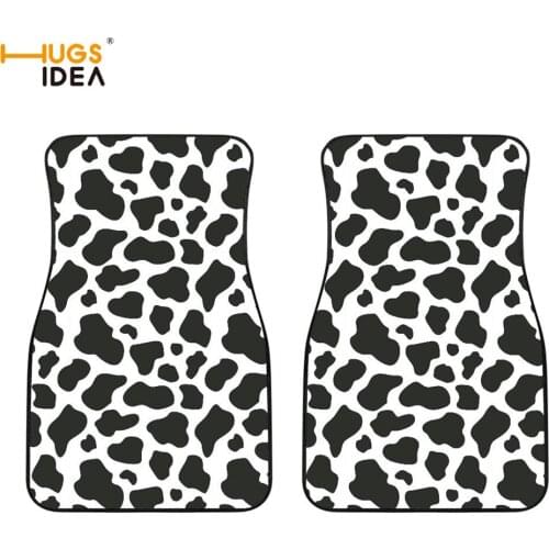 2Pcs 3D Black Cow Pattern Car Mat Auto Dirty Proof Carpets Washable Vehicle Front Rug Animal Skin Print Non-Slip SUV floor Mats