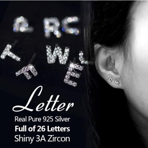 2021 100% 925 Solid Real Sterling Silver A~Z 26 English Letters Stud Earring For Women Creative Fine Jewelry DS928
