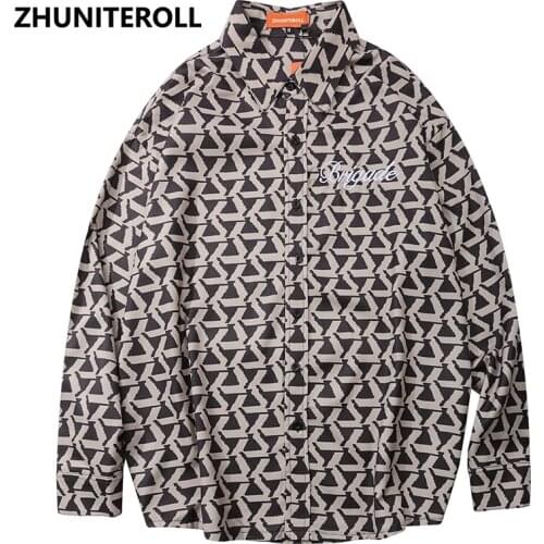 2021 Fashion Mens Shirts Triangle Graphics Print Button Down Longsleeve Shirt For Men Streetwear Hawaiian Beach Harajuku Tops