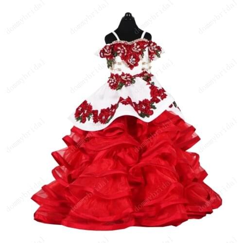 2021 Red and White 3D Floral Lace Bow Ball Gown Kids Flower Girl Dresses with Sleeves Ruffles Charra First Communion Prom Dress