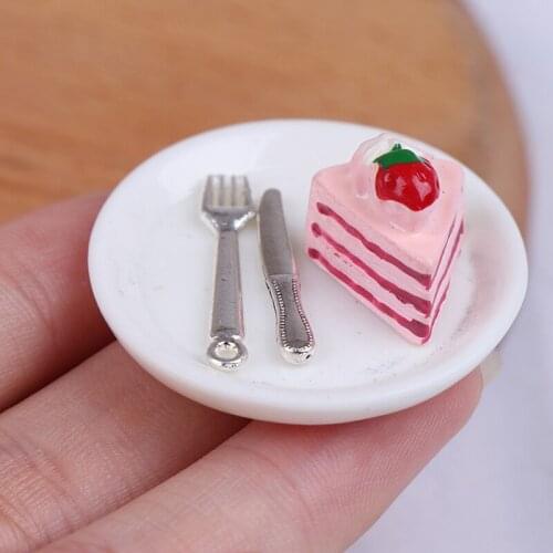 4Pcs 1/12 1/6 Dollhouse Miniature Cakes Plate Knife Fork Dolls House Accessories