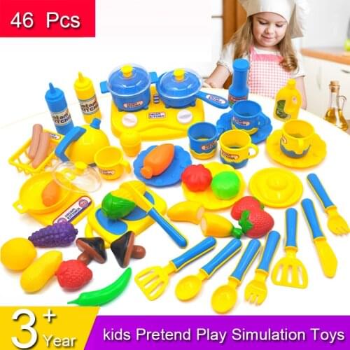 46pcs/set Mini Kitchen Pretend Play Toys Simulation Food Fruit Cut Cookware Pot Pan Kids Cook Utensils Play House Girls Boys Toy