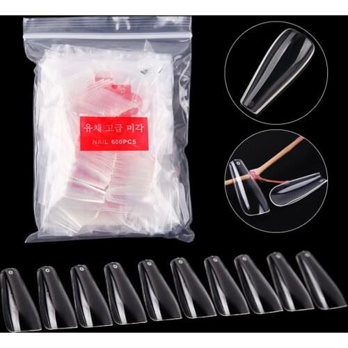 600pcs/Bag Non-Trace Coffin Nails Tips Long Ballerina False Nails Clear Full Cover Ballet ABS Natural Manicure Fake Nails TTK#78