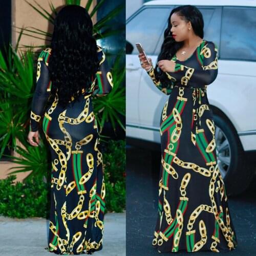 African Dress Women Dashiki Long-sleeve Digital Print Maxi Dresses Elastic Trend Robe Africaine Vetement Femme Traje Africano