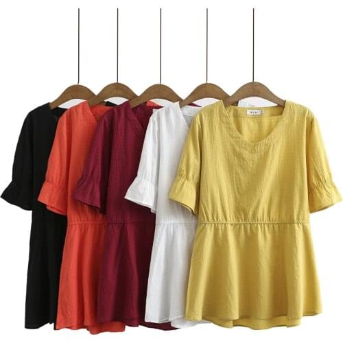 Large Size Womens Literature Style Cotton Jacquard Swallow Tail Baby Shirts 2021 Plus Size Slim Short Sleeve Top Blouses